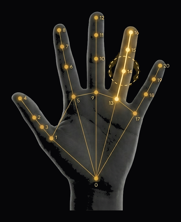 MediaPipe Hand Landmarker – 21 landmarks with ring-finger measurement
